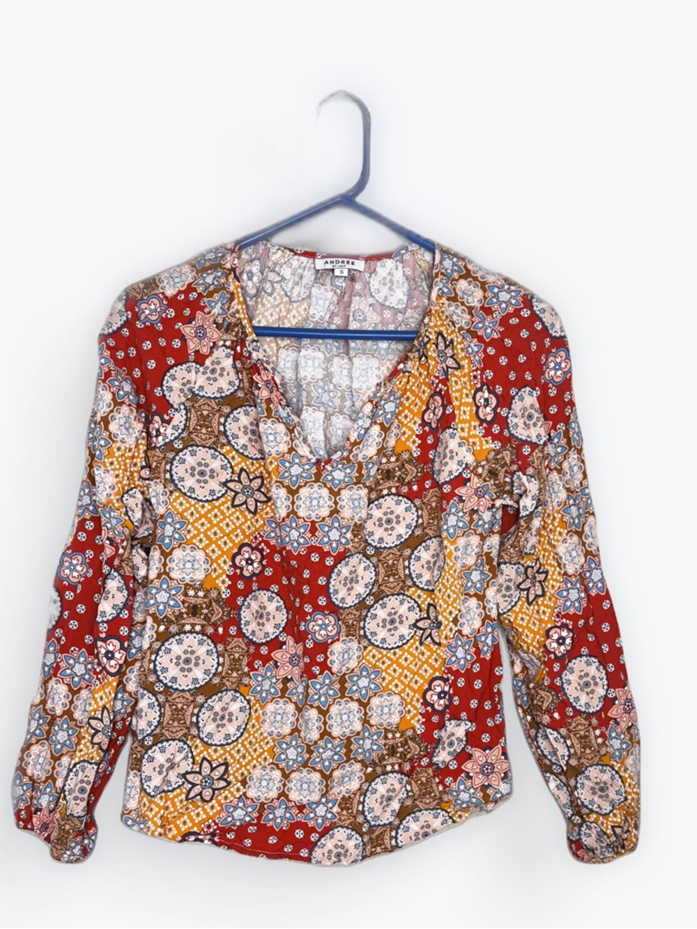 ANDREE BY UNIT Red Multi Floral V-Neck Long Sleeve Blouse Size Small